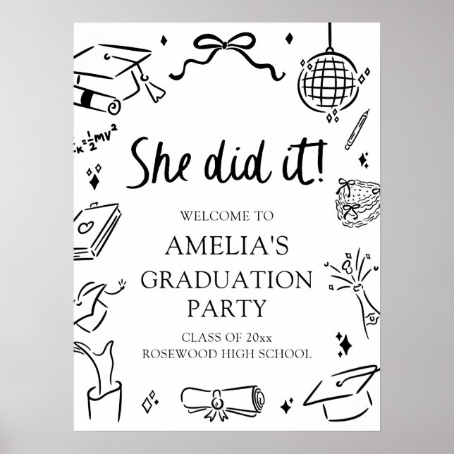 Modern Hand Drawn Bow Graduation Party Welcome Poster (Front)