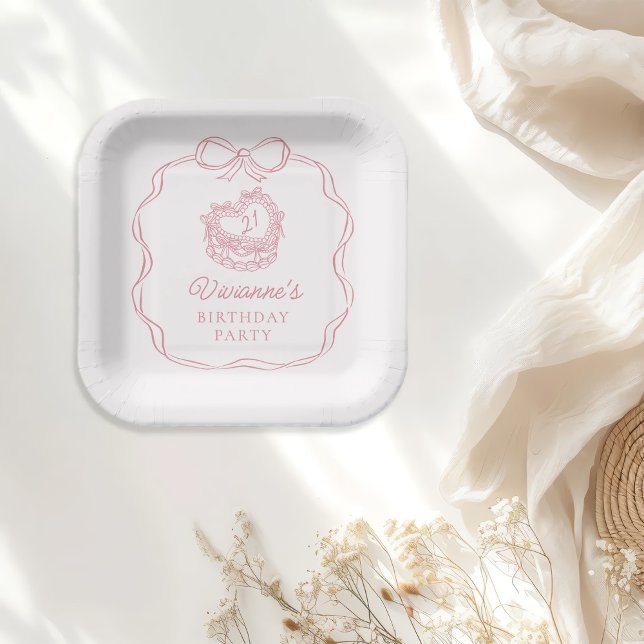 Modern Hand Drawn Bow Pink Girl Birthday Paper Plates (Creator Uploaded)