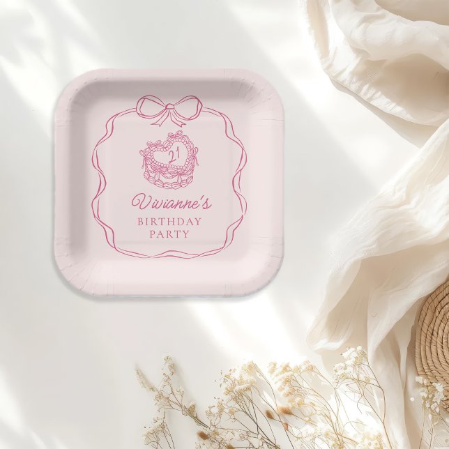 Modern Hand Drawn Bow Pink Girl Birthday Paper Plates (Creator Uploaded)