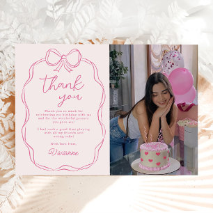 Modern Hand Drawn Bow Pink Girl Birthday Photo Thank You Card