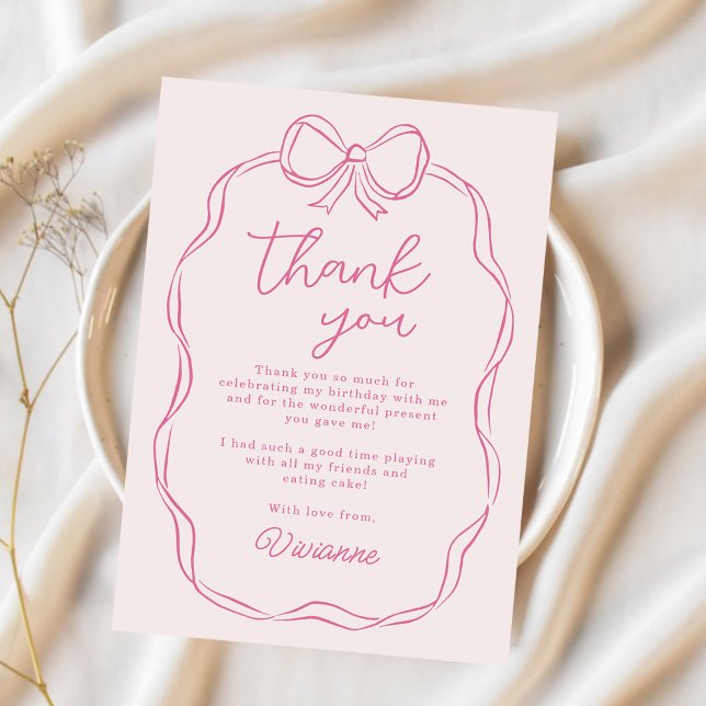Modern Hand Drawn Bow Pink Girl Birthday Thank You Card (Creator Uploaded)