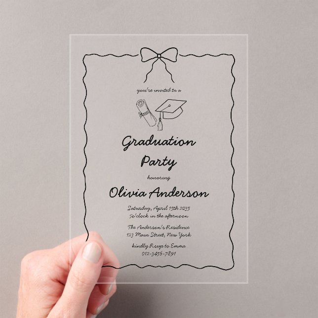 Modern Hand-Drawn Bow & Squiggle Graduation Party Acrylic Invitations (Insitu (Handheld))
