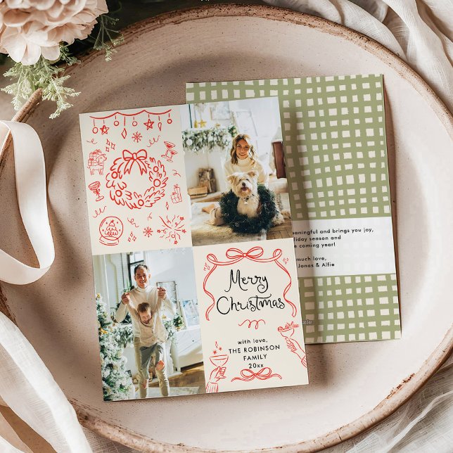 Modern Hand Drawn Bows Boho Merry Christmas Photo Holiday Card (Creator Uploaded)