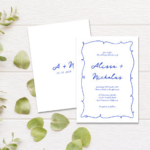 Modern Hand Drawn Bright Blue Monogram Wedding Invitation