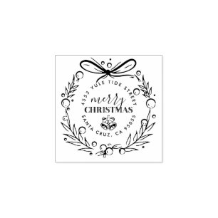 Modern Hand Drawn Christmas Wreath Return Address Rubber Stamp