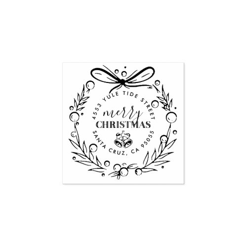Modern Hand Drawn Christmas Wreath Return Address Rubber Stamp