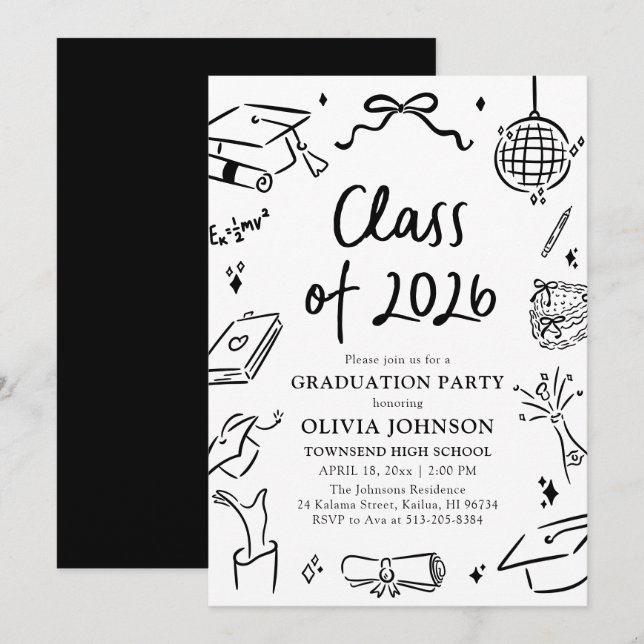 Modern Hand Drawn Class of 2026 Graduation Party Invitation (Front/Back)