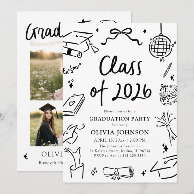 Modern Hand Drawn Class of 2026 Graduation Party Invitation (Front/Back)