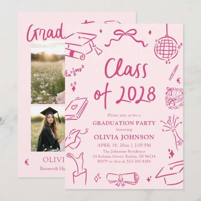 Modern Hand Drawn Class of 2028 Graduation Party Invitation (Front/Back)