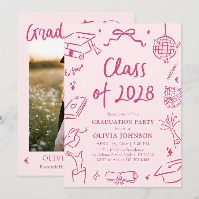 Modern Hand Drawn Class of 2028 Graduation Party Invitation (Front/Back)