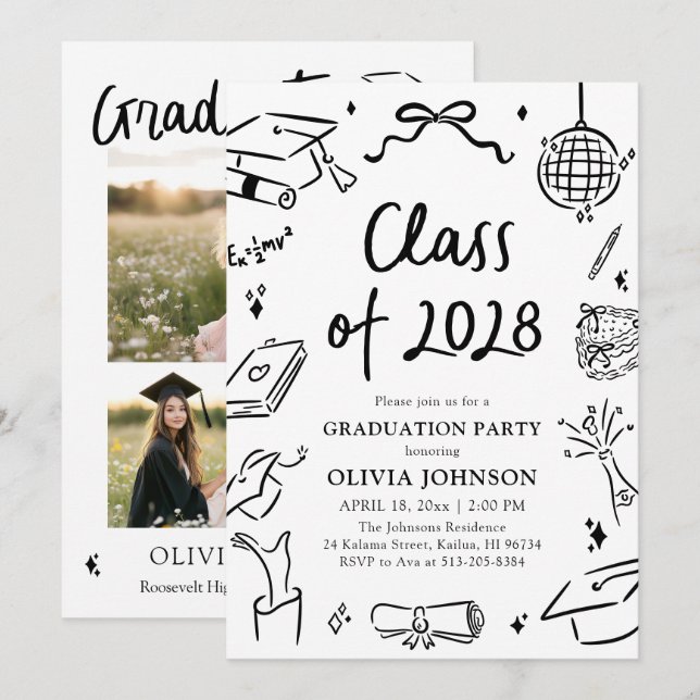 Modern Hand Drawn Class of 2028 Graduation Party Invitation (Front/Back)