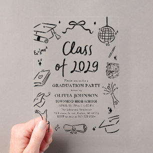 Modern Hand Drawn Class of 2029 Graduation Party Acrylic Invitations