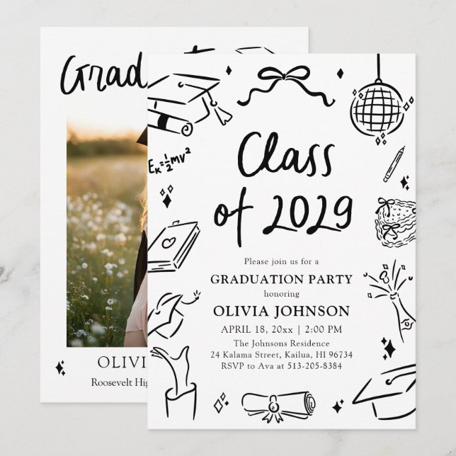 Modern Hand Drawn Class of 2029 Graduation Party Invitation (Front/Back)