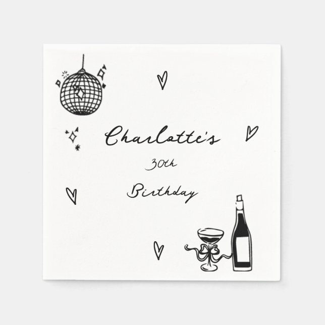 Modern Hand Drawn disco ball 30th Birthday Napkins (Front)