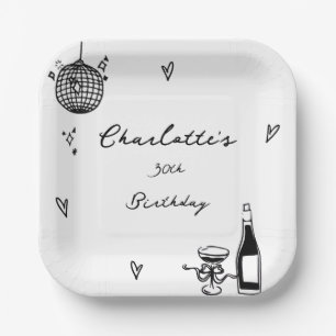 Modern Hand Drawn disco ball 30th Birthday Paper Plates