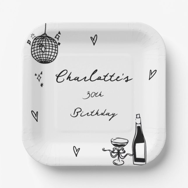 Modern Hand Drawn disco ball 30th Birthday Paper Plates (Front)