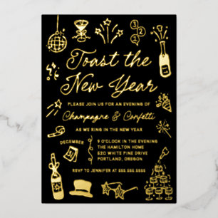Modern Hand Drawn Doodle New Year’s Eve Party Foil Invitation