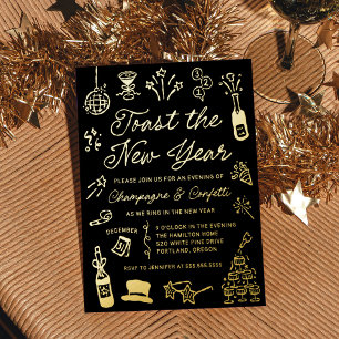 Modern Hand Drawn Doodle New Year’s Eve Party Foil Invitation