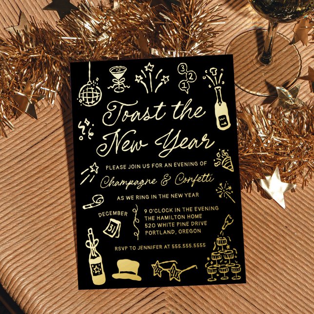 Modern Hand Drawn Doodle New Year’s Eve Party Foil Invitation (Creator Uploaded)