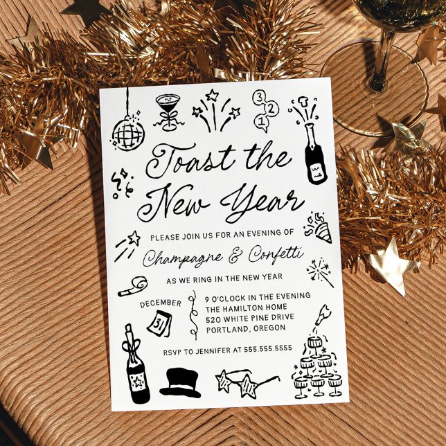Modern Hand Drawn Doodle New Year’s Eve Party Invitation (Creator Uploaded)