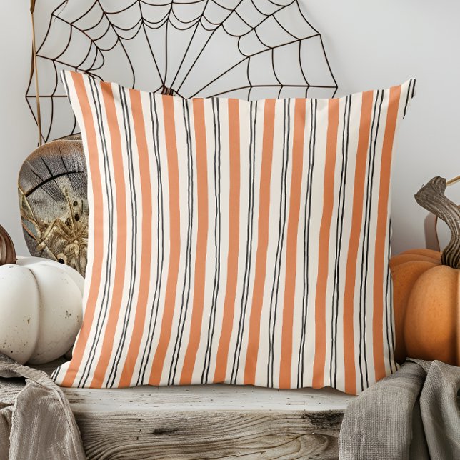 Modern Hand Drawn Fall Orange and Black Striped Throw Pillow (Creator Uploaded)