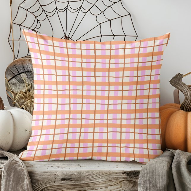 Modern Hand Drawn Fall Orange and Purple Plaid Throw Pillow (Creator Uploaded)