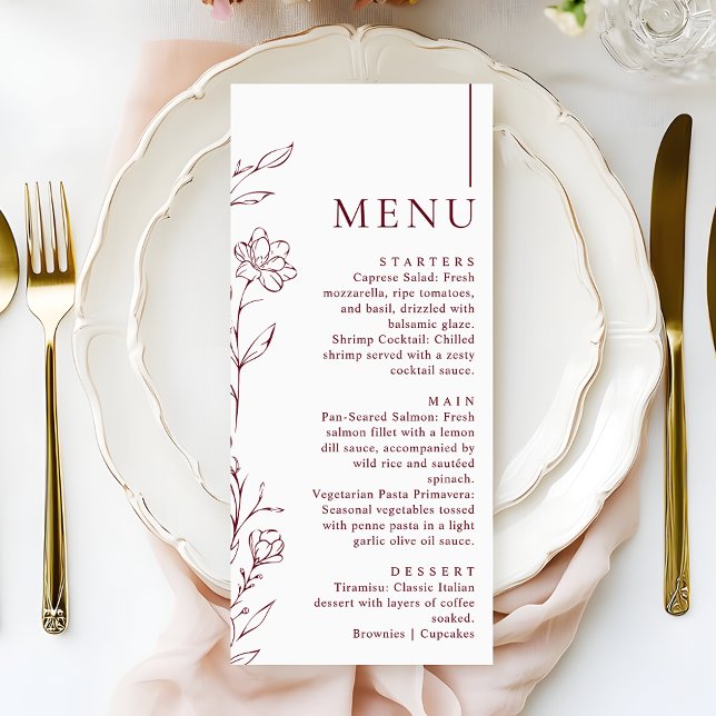 Modern Hand Drawn Floral Burgundy Wedding Dinner Menu (Creator Uploaded)