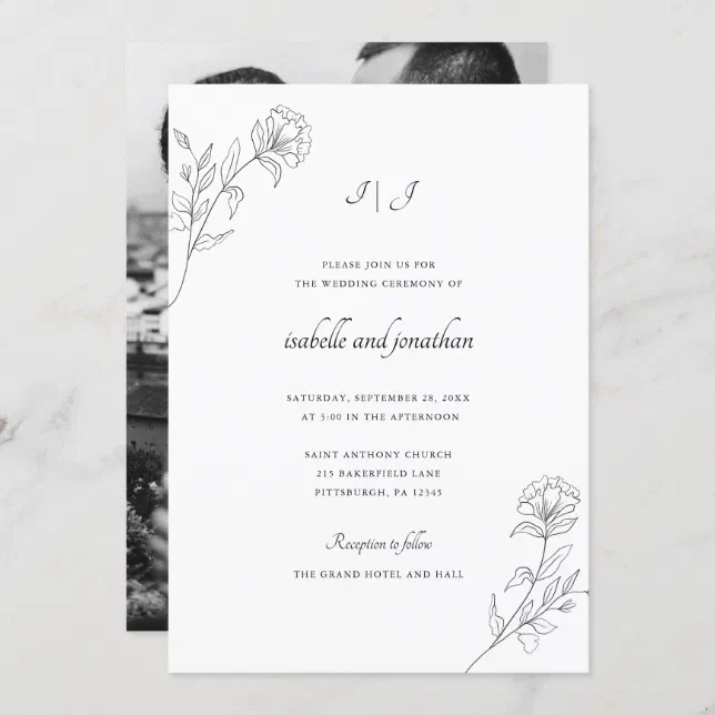 Modern Hand Drawn Floral Photo Wedding Invitation | Zazzle