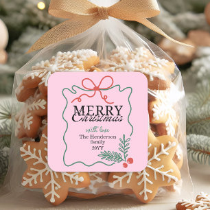 Modern Hand-drawn frame pink Merry Christmas  Square Sticker