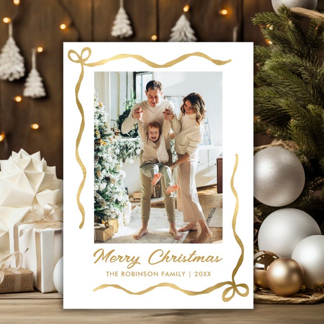 Modern Hand Drawn Gold Bow 2 Photo Merry Christmas Holiday Card (Creator Uploaded)