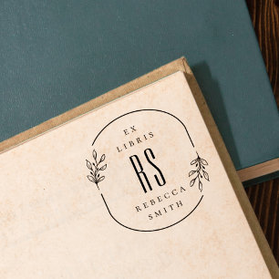 Modern Hand-drawn Leaves Ex Libris Custom Name Rubber Stamp