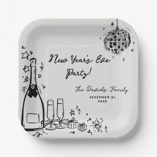 Modern Hand Drawn New Year's Eve Party  Paper Plates (Front)