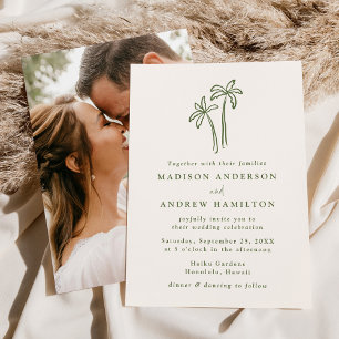 Modern Hand-Drawn Palm Trees Cream Photo Wedding Invitation