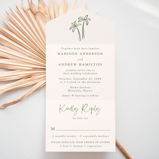Modern Hand-Drawn Palm Trees Cream Wedding All In One Invitation (Creator Uploaded)