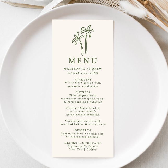Modern Hand-Drawn Palm Trees Cream Wedding Menu (Creator Uploaded)