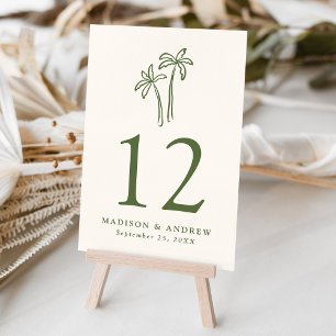 Modern Hand-Drawn Palm Trees Cream Wedding Table Number