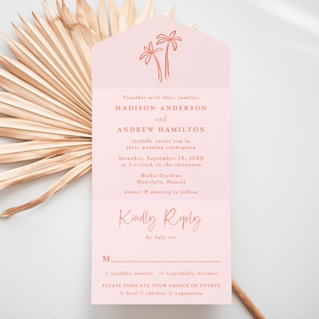 Modern Hand-Drawn Palm Trees Pink Wedding All In One Invitation (Creator Uploaded)