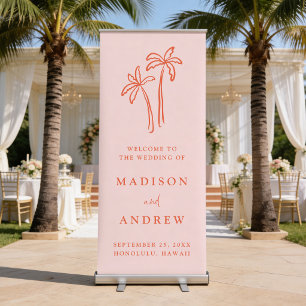 Modern Hand-Drawn Palm Trees Pink Wedding Welcome Retractable Banner