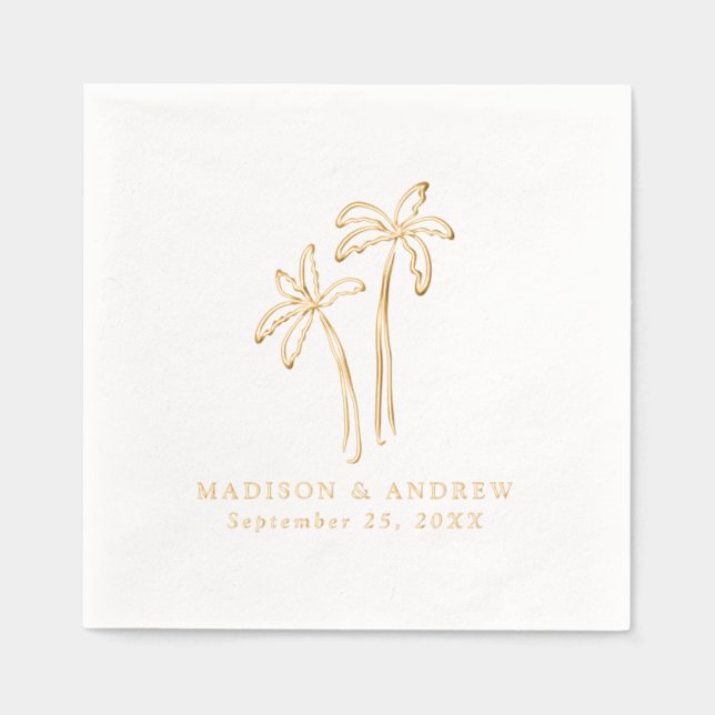 Modern Hand-Drawn Palm Trees Wedding Foil Napkins (Front)