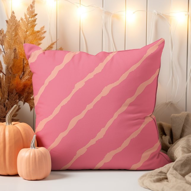 Modern Hand Drawn Pink and Orange Diagonal Striped Throw Pillow (Creator Uploaded)