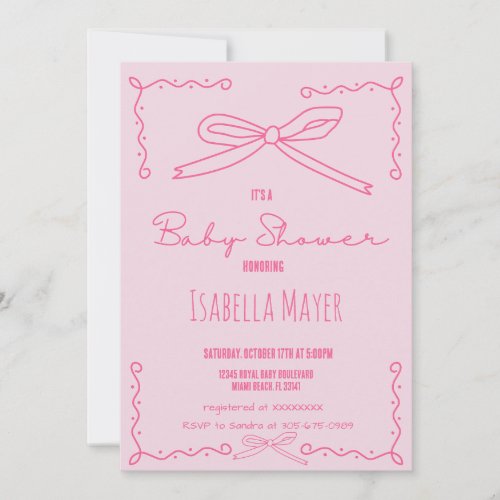 Modern Hand Drawn Pink Bow Baby Shower Invitation