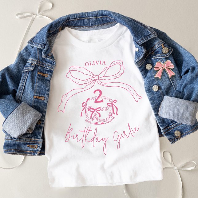 Modern Hand Drawn Pink Bow Cake Birthday Party Baby T-Shirt (Cute toddler girl pink hand drawn coquette bow cake birthday girlie kids white t-shirt)