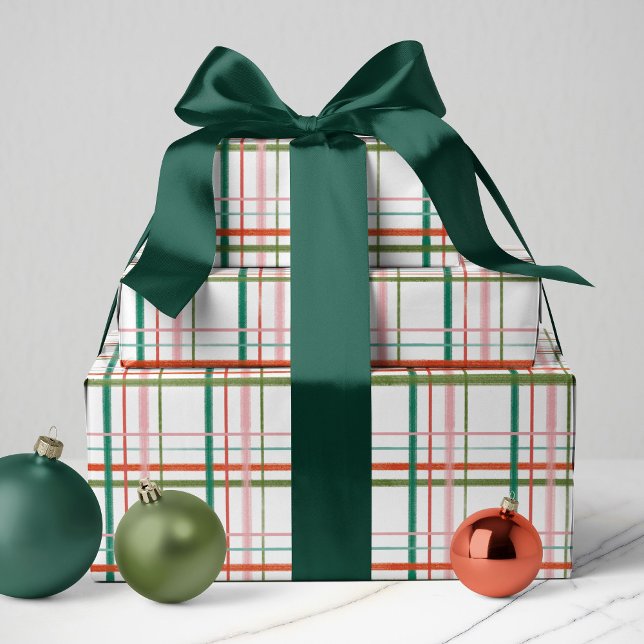 Modern Hand Drawn Pink, Red, Green Plaid Wrapping Paper (Creator Uploaded)