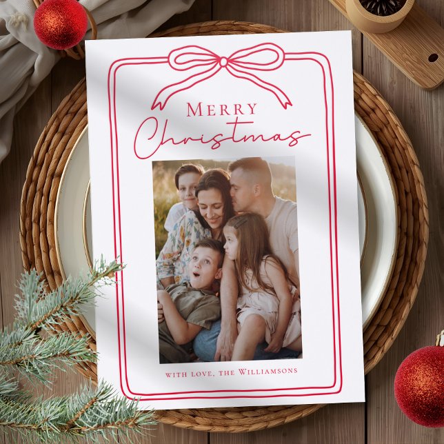 Modern Hand Drawn Playful Bow Frame Christmas Letterpress Photo Cards (Creator Uploaded)