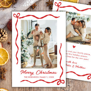 Modern Hand Drawn Red Bow 2 Photo Merry Christmas Holiday Card