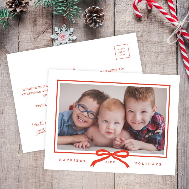 Modern Hand-Drawn Red Bow One Photo Holiday Postcard (Creator Uploaded)
