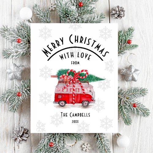 Modern Hand_drawn Red Van  Christmas Tree Holiday Card