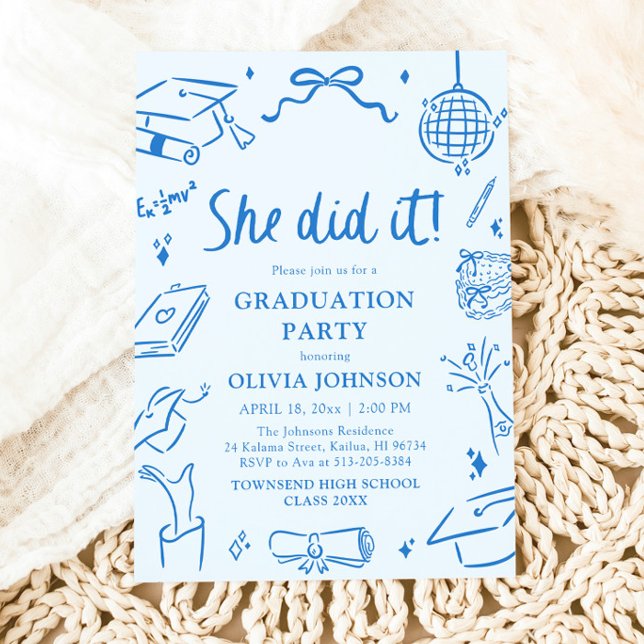 Modern Hand Drawn She did it Blue Graduation Party Invitation (Modern Hand Drawn She did it Graduation Party Invitation)