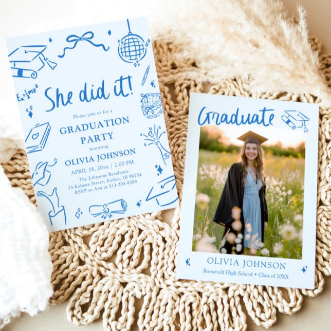 Modern Hand Drawn She did it Blue Graduation Party Invitation (Modern Hand Drawn She did it Graduation Party Invitation)