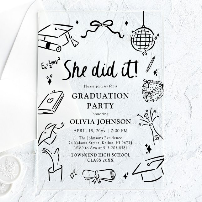 Modern Hand Drawn She did it Graduation Party Acrylic Invitations (Modern Hand Drawn She did it Graduation Party Acrylic Invitations)
